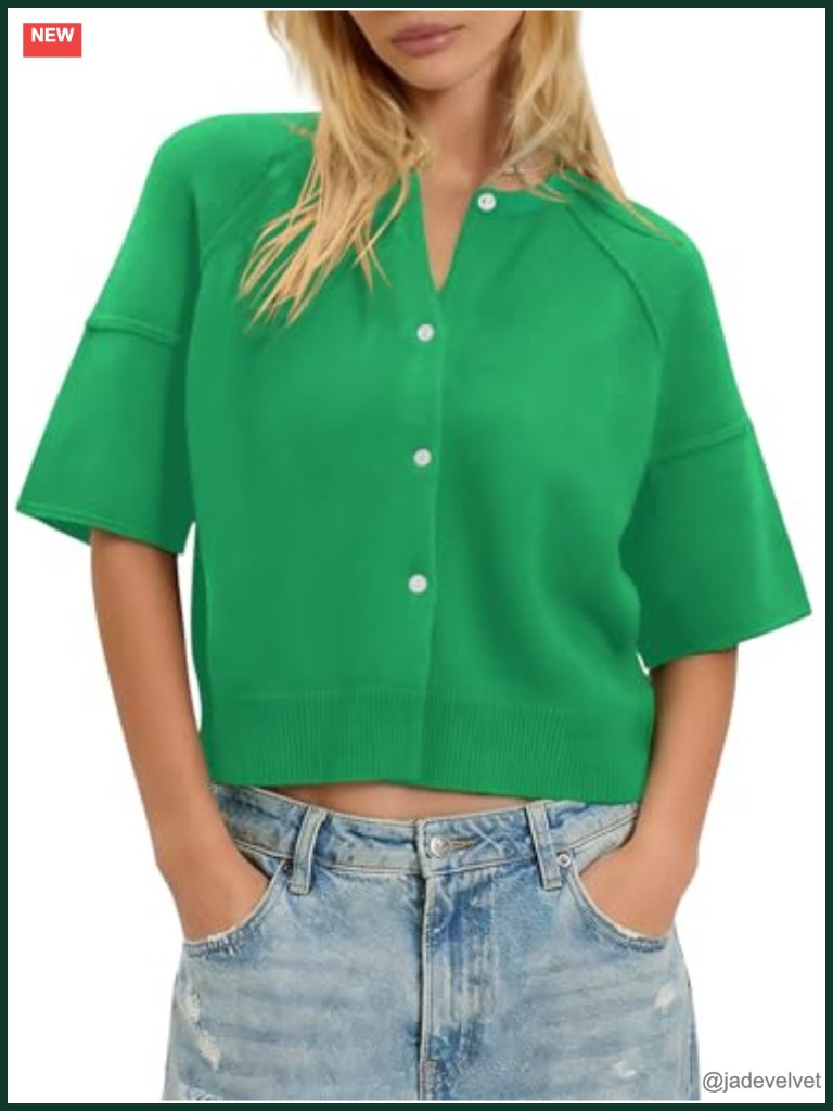 Short Sleeve Cardigan Button Down Knit Crew Neck Summer Sweater Blouse